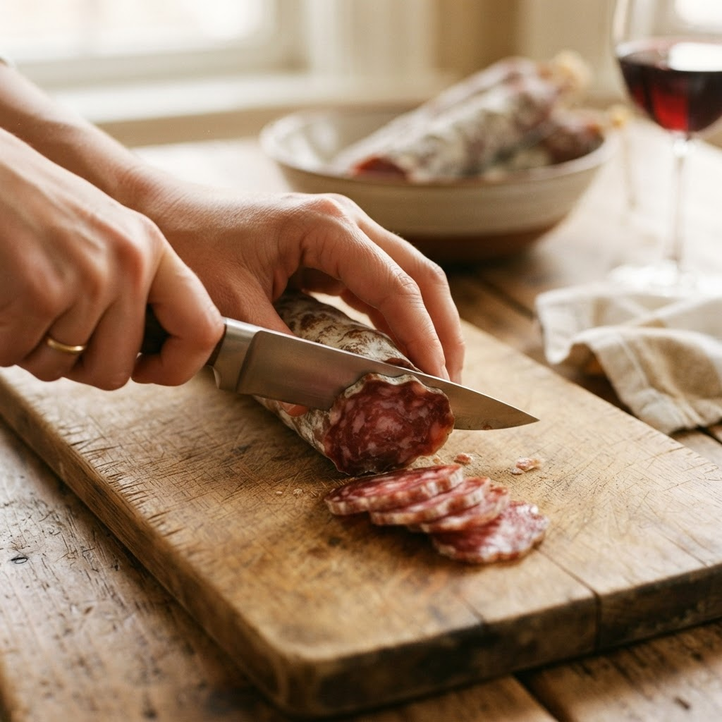 Corte de salame en tabla de madera